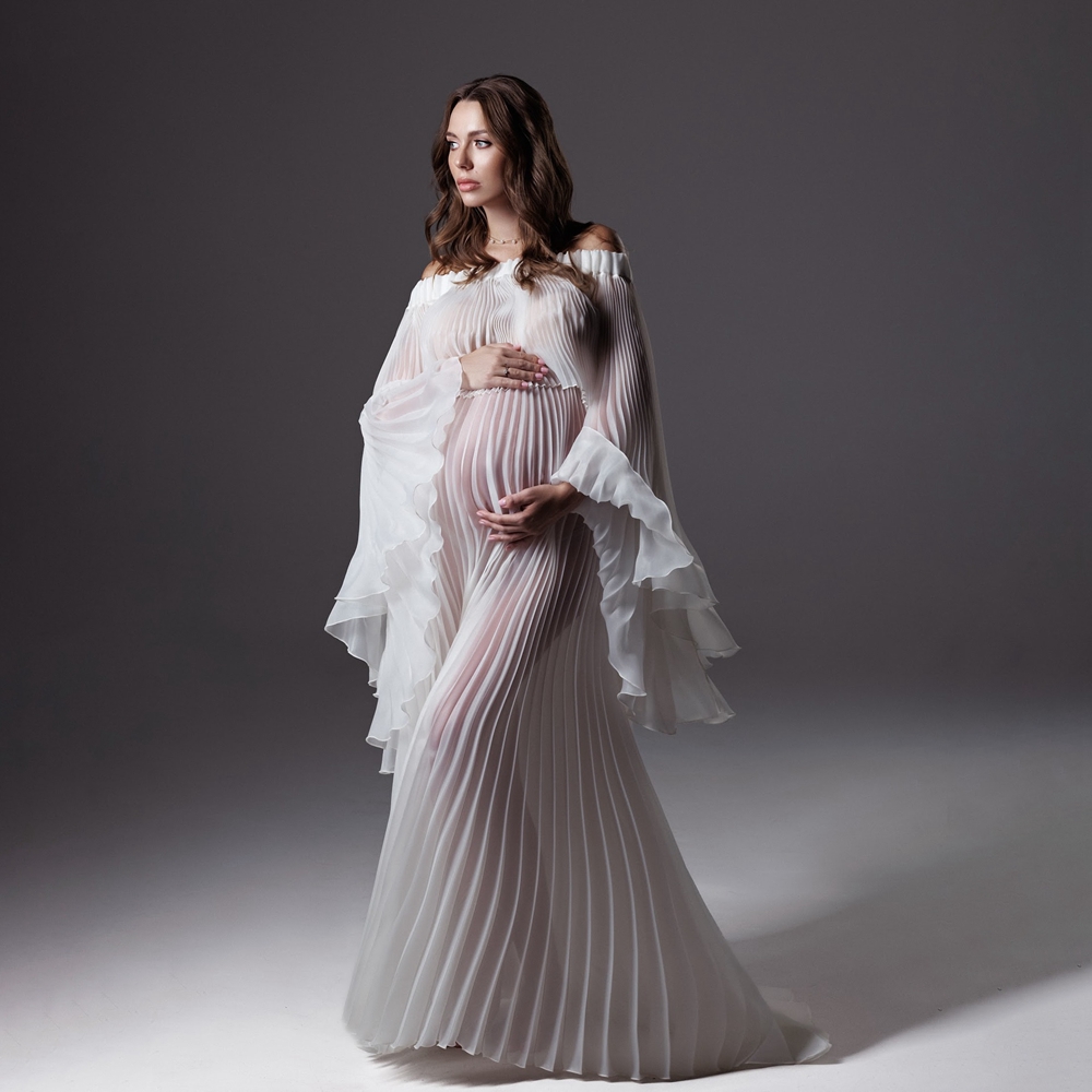 Photography Club - Plissierte Umstandskleider für Fotoshootings, weißes Mesh-Kleid