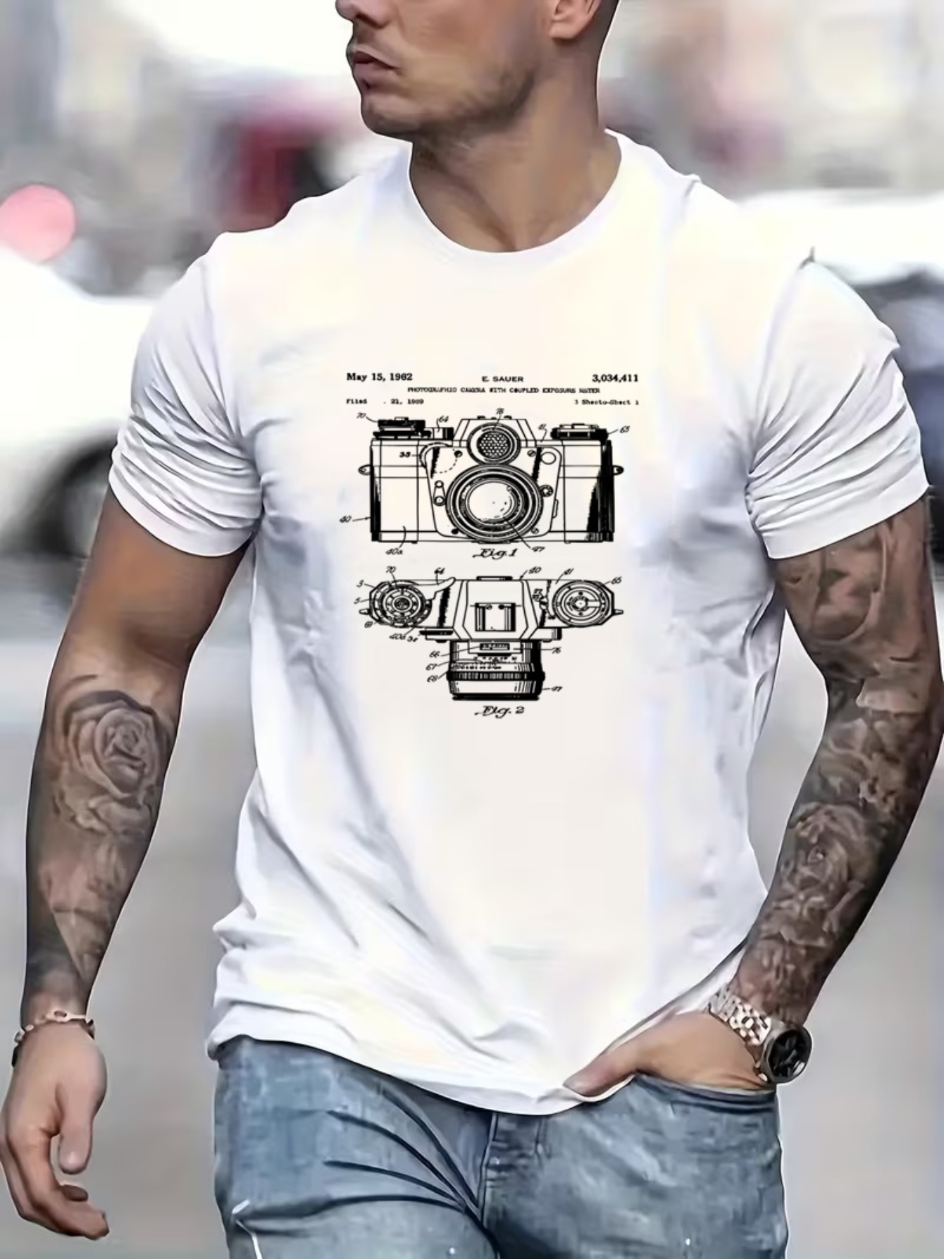 Photography Sim - Bedrucktes Herren-T-Shirt mit Kamera-Patentzeichnung, exklusiv für